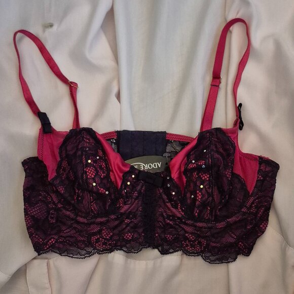 NWT 34C Adore Me Hot Pink / Fuschia Purple Rhinestone Lace Unpadded Bra NWT 36C - Picture 1 of 6